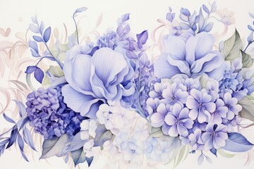 Blue hydrangea and iris flowers bouquet. illustration. Generative AI
