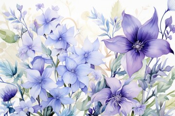 Fototapeta na wymiar Seamless pattern with blue iris flowers, watercolor illustration Generative AI