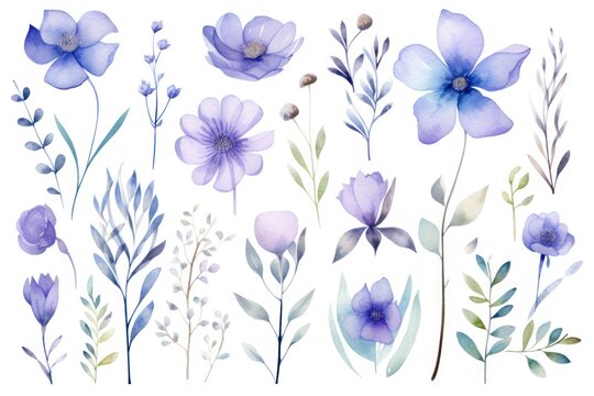 Set of watercolor flowers and leaves. Hand drawn vector illustration. Generative AI
