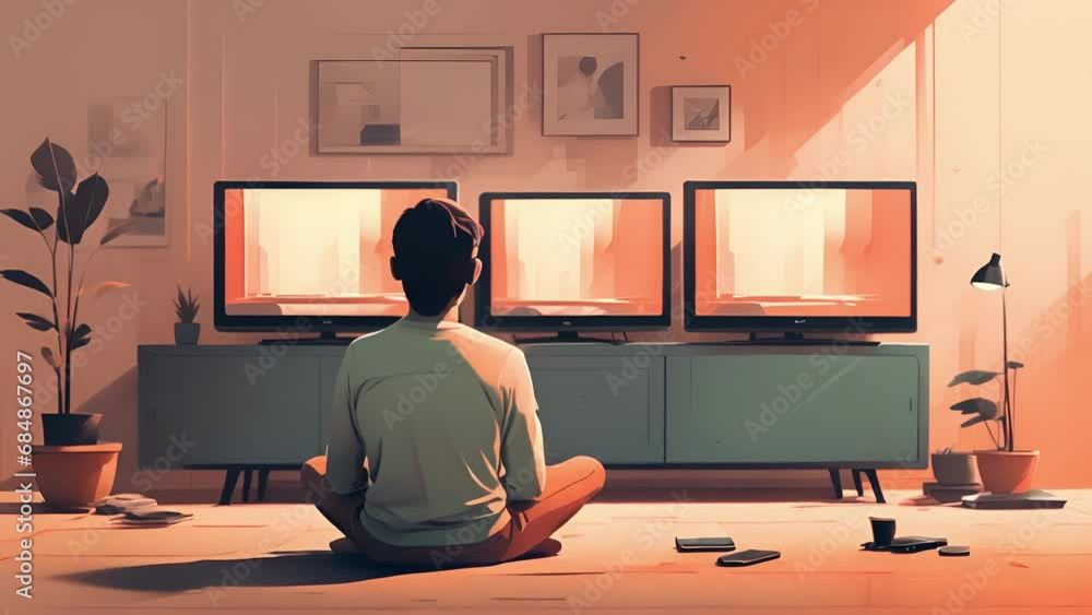 Poster minimal flat motion of a person sitting in front of a tv with multiple screens, unable to tear thems