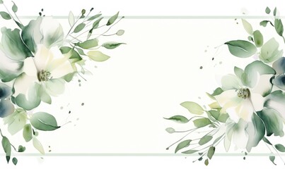 Watercolor floral frame with green eucalyptus leaves and flowers. Generative AI