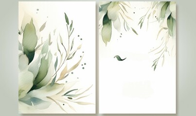 Set of two vertical banners with watercolor succulents and leaves. Generative AI