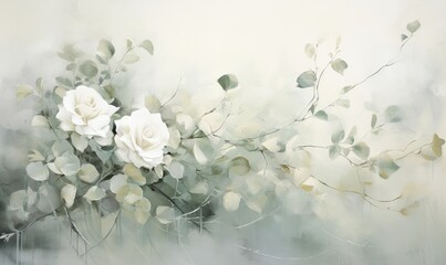White roses and eucalyptus branch on watercolor background Generative AI