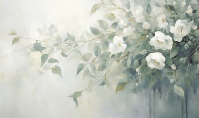 White Bougainvillea flowers on abstract watercolor background. Hand-drawn illustration. Generative AI