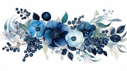 Beautiful vector watercolor floral bouquet with blue anemones, flowers and leaves Generative AI