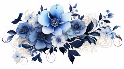 Beautiful bouquet of blue flowers on a white background. illustration. Generative AI