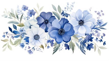 Blue and white anemones. Floral watercolor background. Generative AI