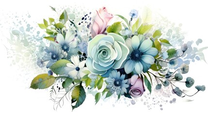 Beautiful vector floral bouquet with roses, blue flowers and green leaves Generative AI