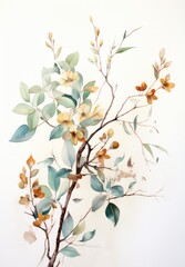 Watercolor illustration of a branch with leaves and flowers on a white background Generative AI
