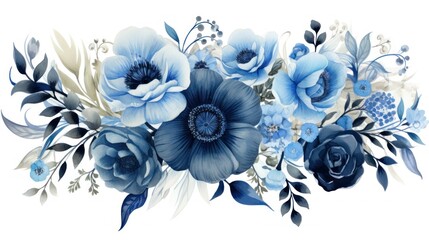 Beautiful vector watercolor floral composition with blue anemones and roses Generative AI