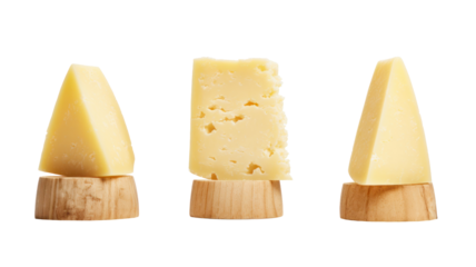 Parmesan cheese on a wooden block, slices, set, isolated