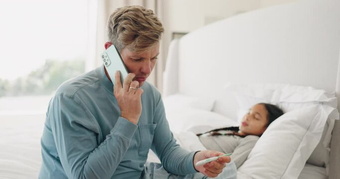 Father, child and sick in bed with phone call consultation for fever problem with questions, Conversation, dad and daughter with illness and papa talking to doctor with thermometer and telehealth