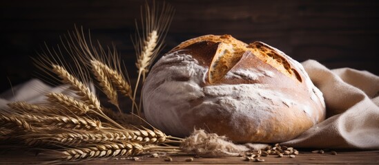 Homemade bread with crispy crust, rye, and wheat on wooden background, modern baking concept