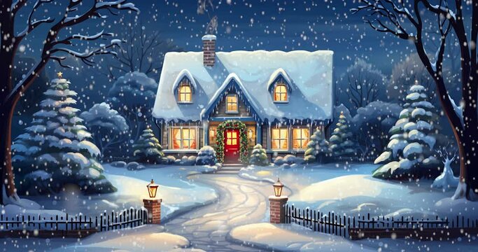A cottage at Christmas with snow falling, animated
