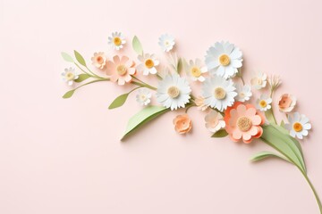 Fototapeta na wymiar Beautiful spring paper cut flowers on soft pink color background. Valentine's Day, Birthday, Happy Woman Day, Mother's Day. Holiday poster and banner