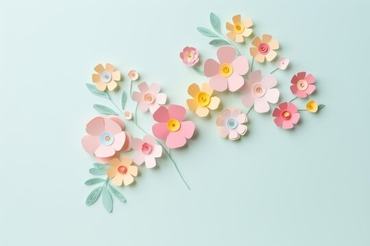 Beautiful spring paper cut flowers on soft blue color background. Valentine's Day, Birthday, Happy Woman Day, Mother's Day. Holiday poster and banner