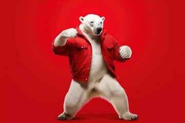 Energetic polar bear grooving in a striking red jacket