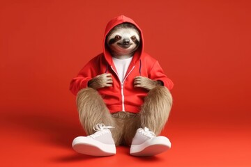 sloth exuding relaxation lounges in a red hoodie, contrasting with a bright red background, looking ready for a laid back day - obrazy, fototapety, plakaty