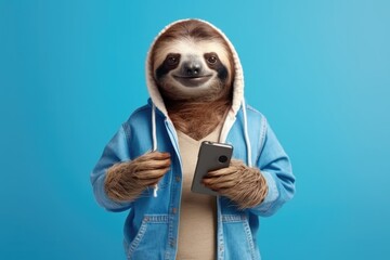 cheerful sloth holding a smartphone, casually dressed in a blue denim jacket with a hoodie, on a blue background - obrazy, fototapety, plakaty