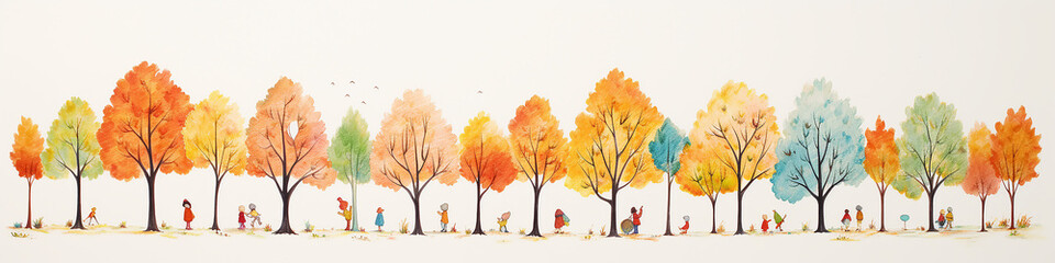 Naklejka na ściany i meble watercolor autumn yellow trees on a white background, long narrow panoramic view a row of autumn trees simple illustration