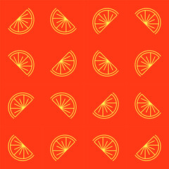 Seamless pattern with orange slice outline simple icon. Spice linear style logotype ornament. Coffee, tea, lemonade drink with spices symbol. Yellow on orange background silhouette. Vector design elem