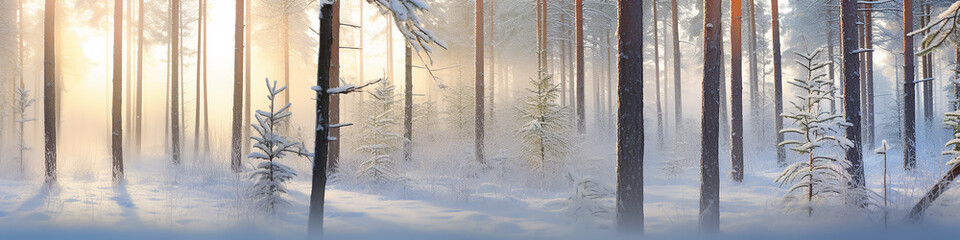 Naklejka premium winter landscape in the forest, long narrow panoramic view, the rays of the morning sun at sunrise in the frosty fog between the trees