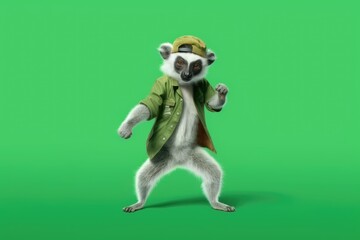Obraz premium lemur in a shirt and goggles throws a dynamic breakdance move on a green background