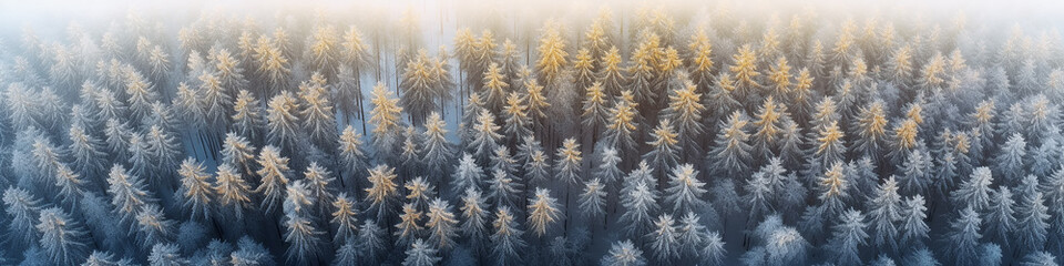 winter panorama from a drone view of a coniferous forest covered with snow, long narrow panoramic view, wildlife landscape, aerial view