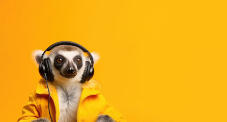  lemur with headphones, enveloped in a vibrant yellow hoodie, set against a monochromatic yellow background