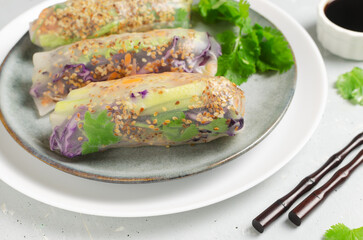 Vegetarian vietnamese spring rolls with carrot, cucumber, red cabbage, cilantro, sesame and rice noodle on a gray plate. veggie dish. Vegan food. Horizontal orientation. Selective focus