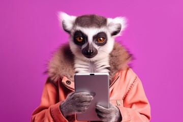 lemur in a jacket intently using a smartphone against a pink background.