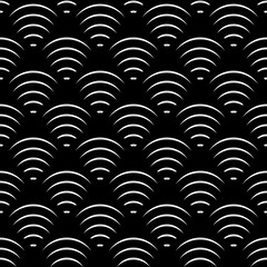 Fish scale wallpaper. Asian traditional ornament with repeated scallops. Repeated white curves on black background. Seamless surface pattern design with semicircles. Grid motif. Digital paper. Vector.