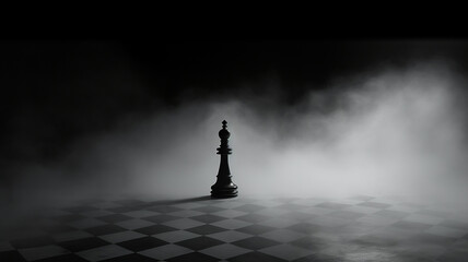 a lonely chess piece on a chessboard in disturbing lighting and fog, concept strategy decision-making leadership - obrazy, fototapety, plakaty