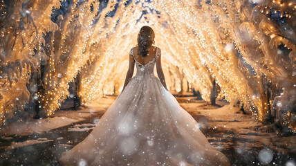 bride in a white dress with a veil in a winter park view from the back, Christmas snowy nature