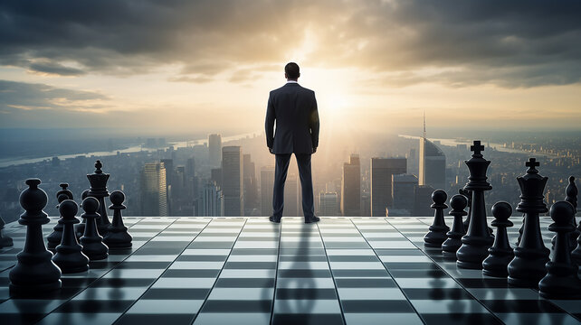 businessman view from the back, chess-like figures, chessboard , city panorama view from above