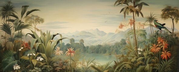 Watercolor pattern wallpaper. Painting of a jungle landscape.