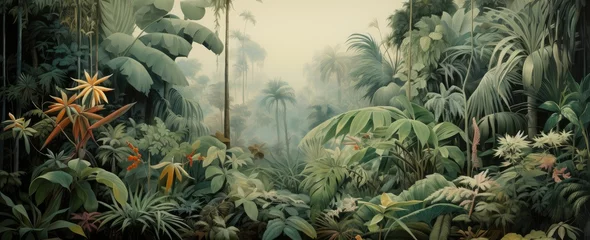 Foto op Canvas Watercolor pattern wallpaper. Painting of a jungle landscape. © Simon