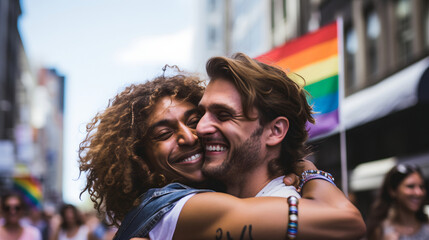 two gay people embracing at a LGBTQ rally while Activists march at gay Pride Parade for Inclusiveness. colorful Demonstration  Celebrating Diversity in Pride Empowered Voices