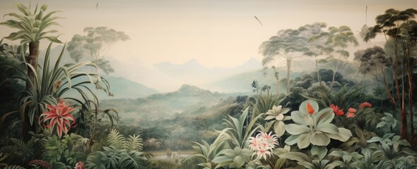 Watercolor pattern wallpaper. Painting of a jungle landscape. - obrazy, fototapety, plakaty