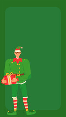 Green social media stories background template with Christmas elf holding gift.