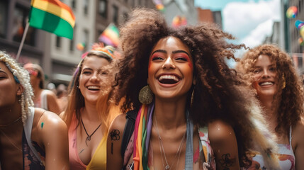 young multi ethnic people smiling at gay pride march. they are having fun at Vibrant LGBTQ pride Rally. Marching for equal rights, Unity and Diversity