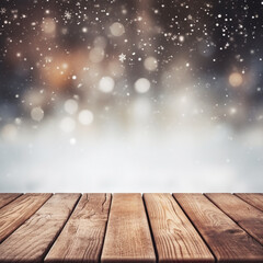 Naklejka na ściany i meble Wooden planks and snow falling at night on blurred Winter Christmas Holidays Background with bokeh
