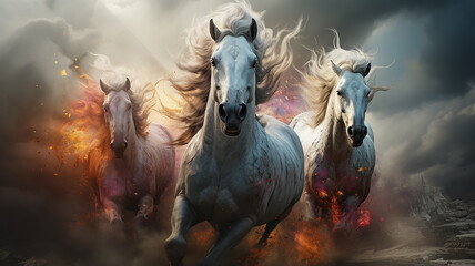 Fototapeta premium three unusual fairytale running horses, in a dynamic pose