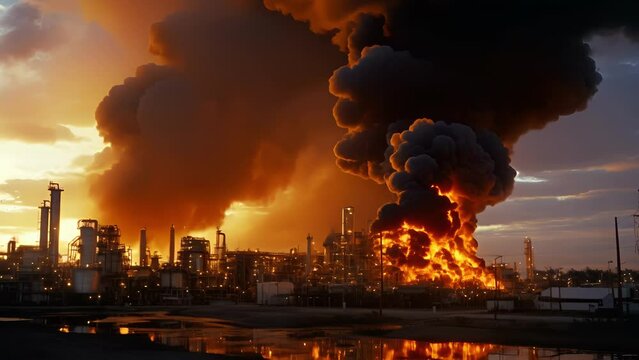 A fiery explosion engulfing an oil refinery, turning night into day with its bright, orange glow.