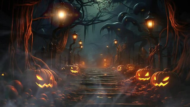 Pumpkin Path: Malevolent Faces in a Misty Forest Road. 4K Seamless Looping Halloween Video Background.