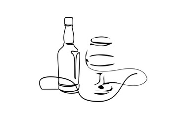 Wine bottle and glass line art style illustration vector. Drawing of continuous line. Vector illustration