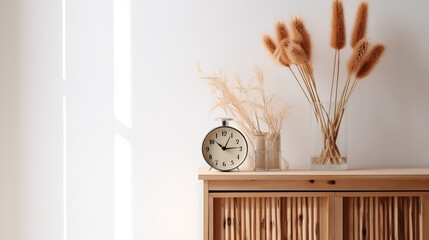Wooden cabinet with alarm clock, tulip flowers and reed diffuser near white wall. Decor concept. Real estate concept. Art concept. Cabinet concept. Stylist concept. 3d render concept