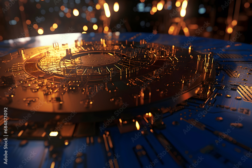 Poster close-up view of a modern gpu card with circuit and colorful lights and details. neural network ai g