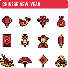 Chinese new year icons. Spring Festival vector set. Color icon design. Abundance, happiness, prosperity.