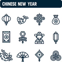 Chinese new year icons. Spring Festival vector set. Outline icon design. Abundance, happiness, prosperity.